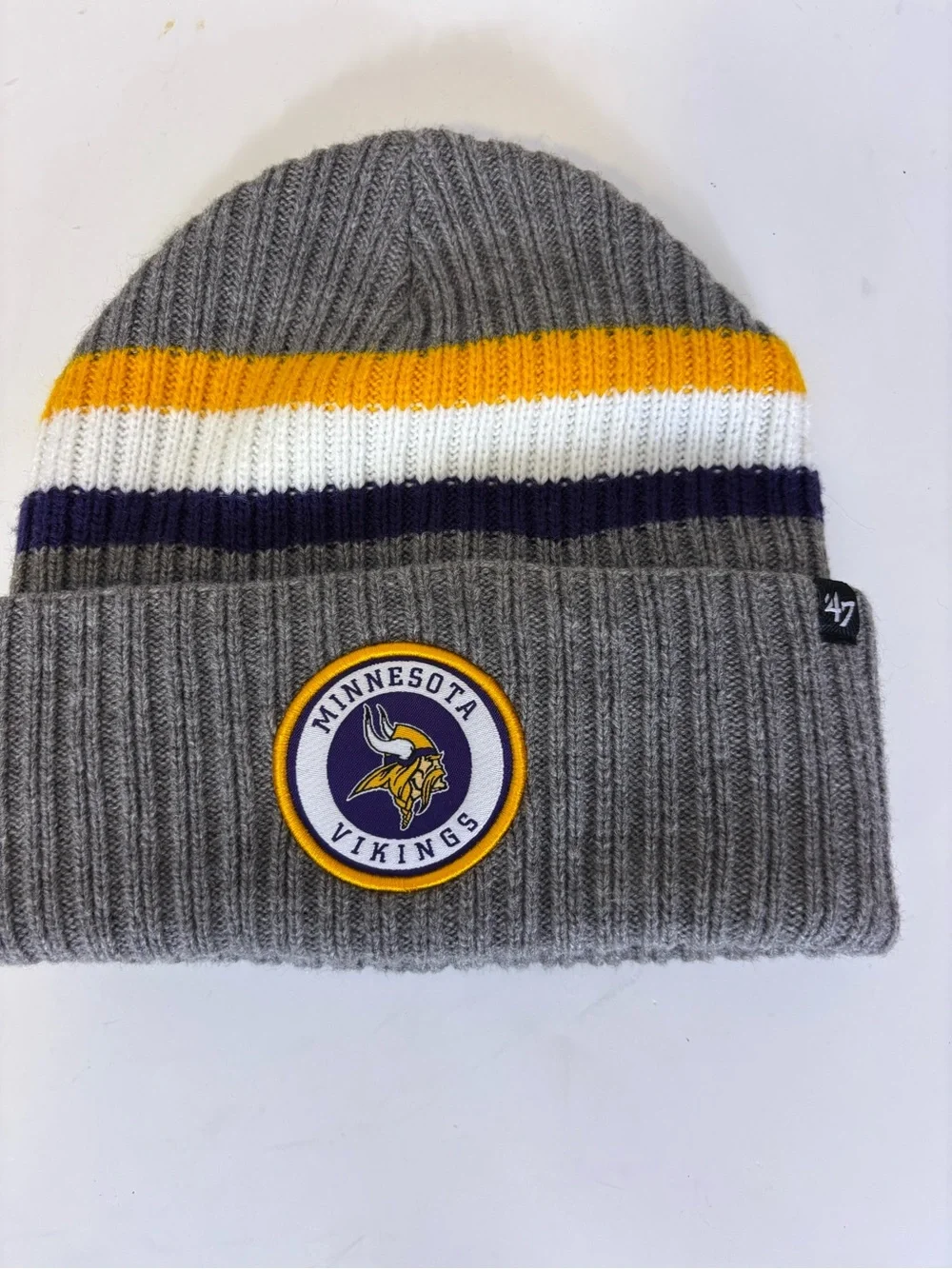 47 Minnesota Vikings Football Gray Knit Cuffed Beanie with Stripe Accents Unisex